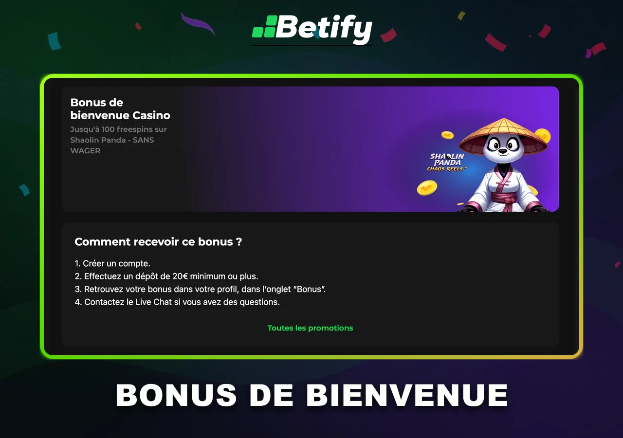 Bonus de bienvenue Betify Casino et free spins sans wager.
