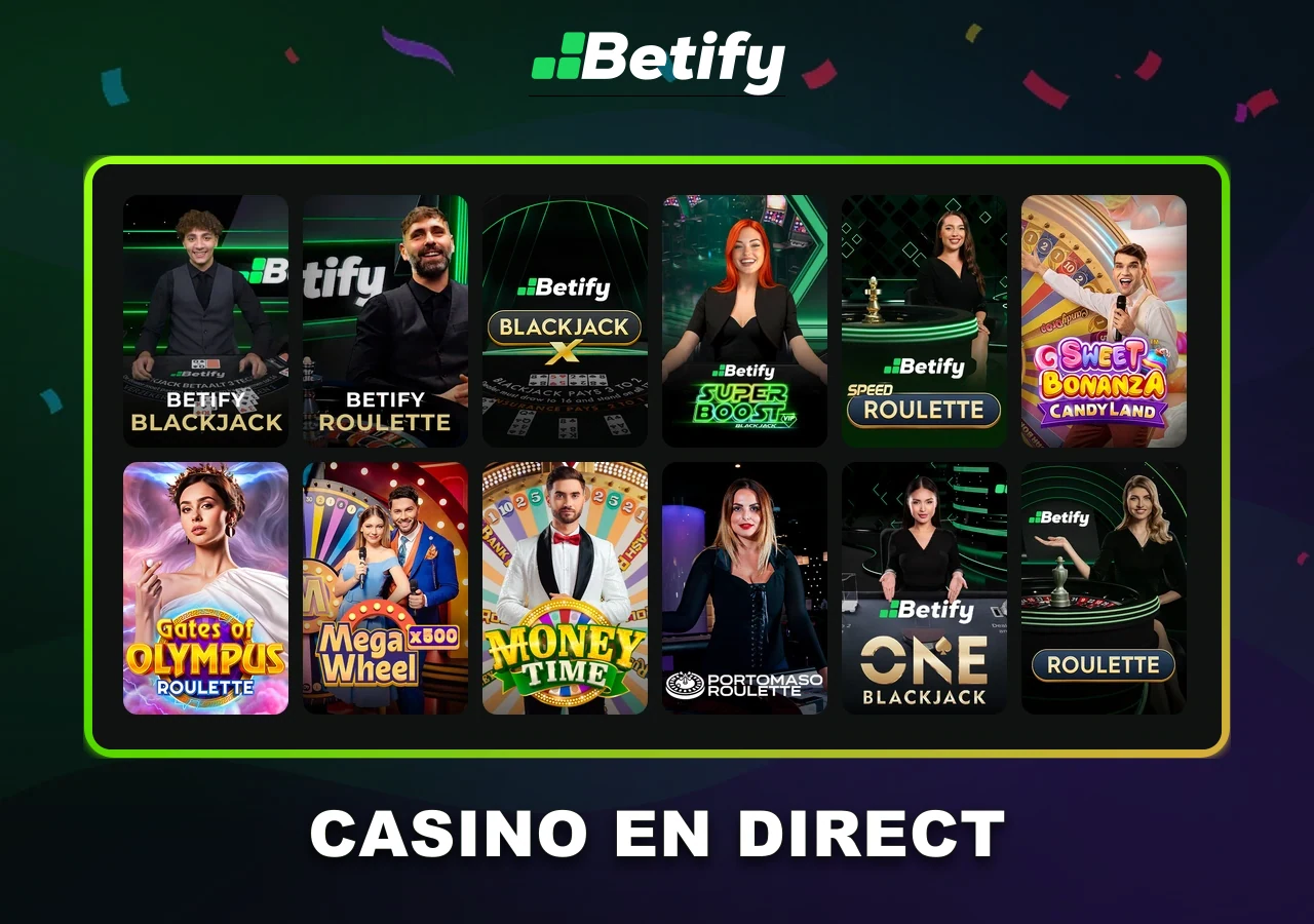 Casino en direct Betify : blackjack, roulette et jeux avec présentateurs.