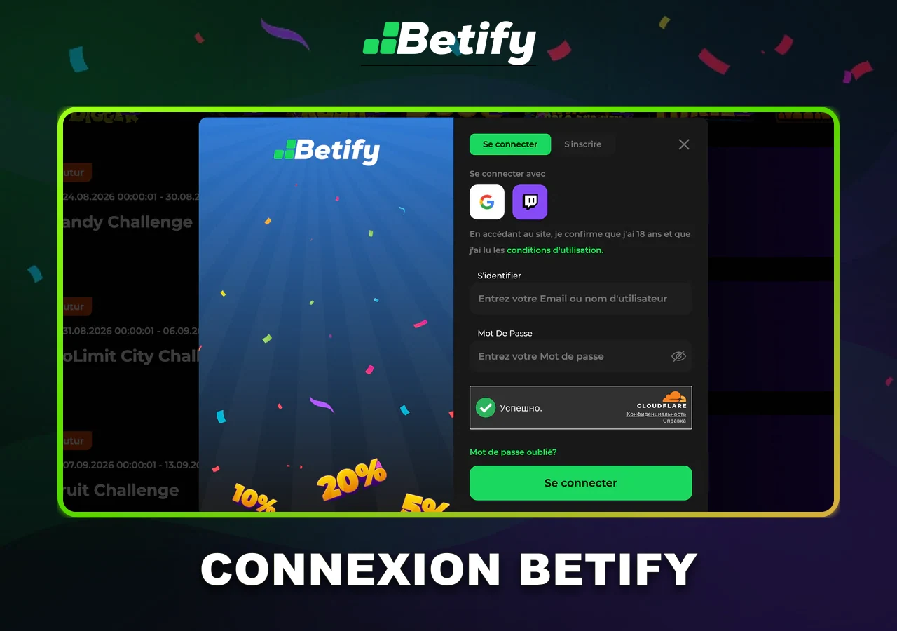 Connexion Betify Casino : formulaire sécurisé et accès au compte.