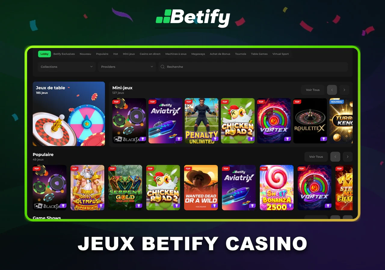 Catalogue Betify Casino : nouveautés et sélection de jeux disponibles.