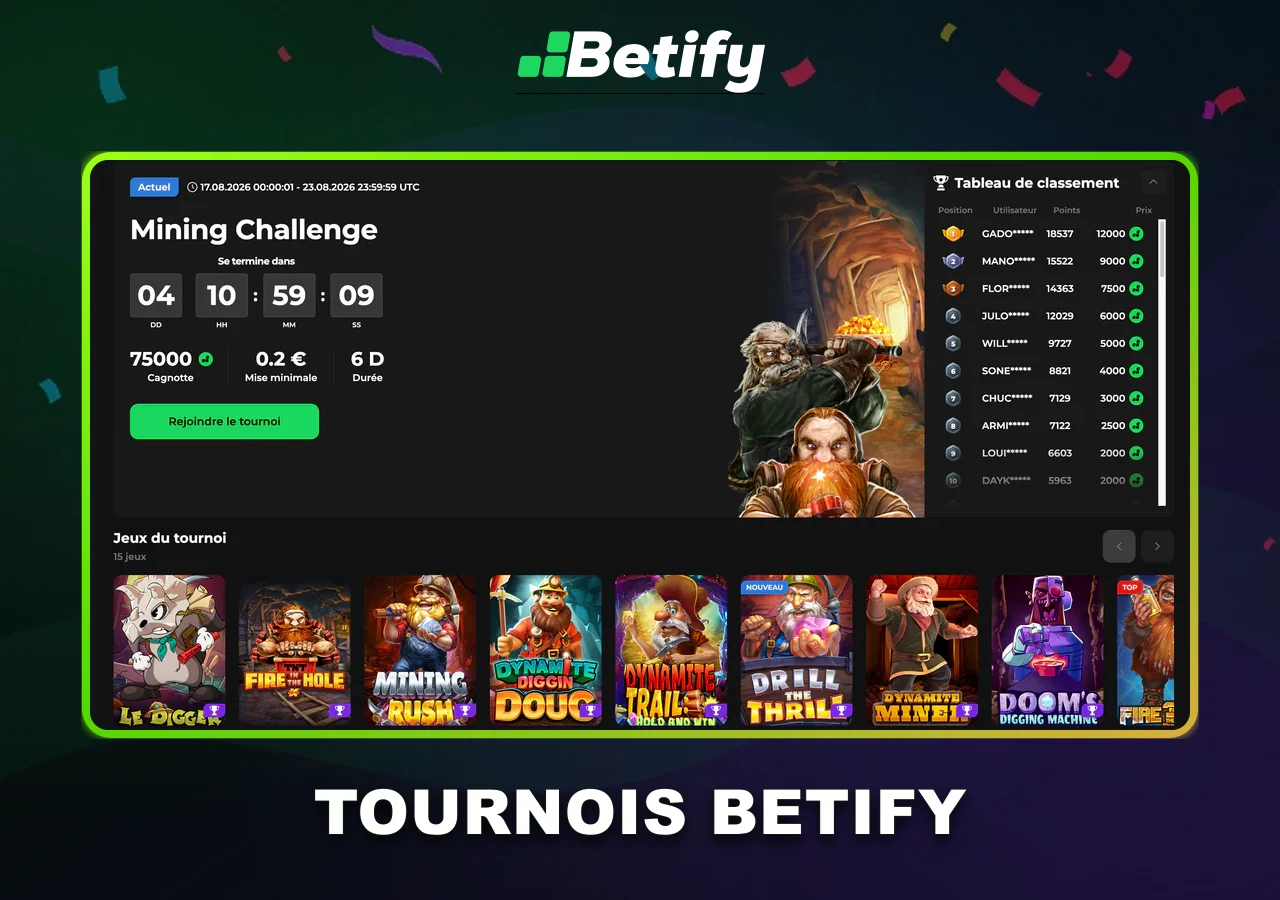 Tournois Betify : courses, classements et règles publiées avant participation.